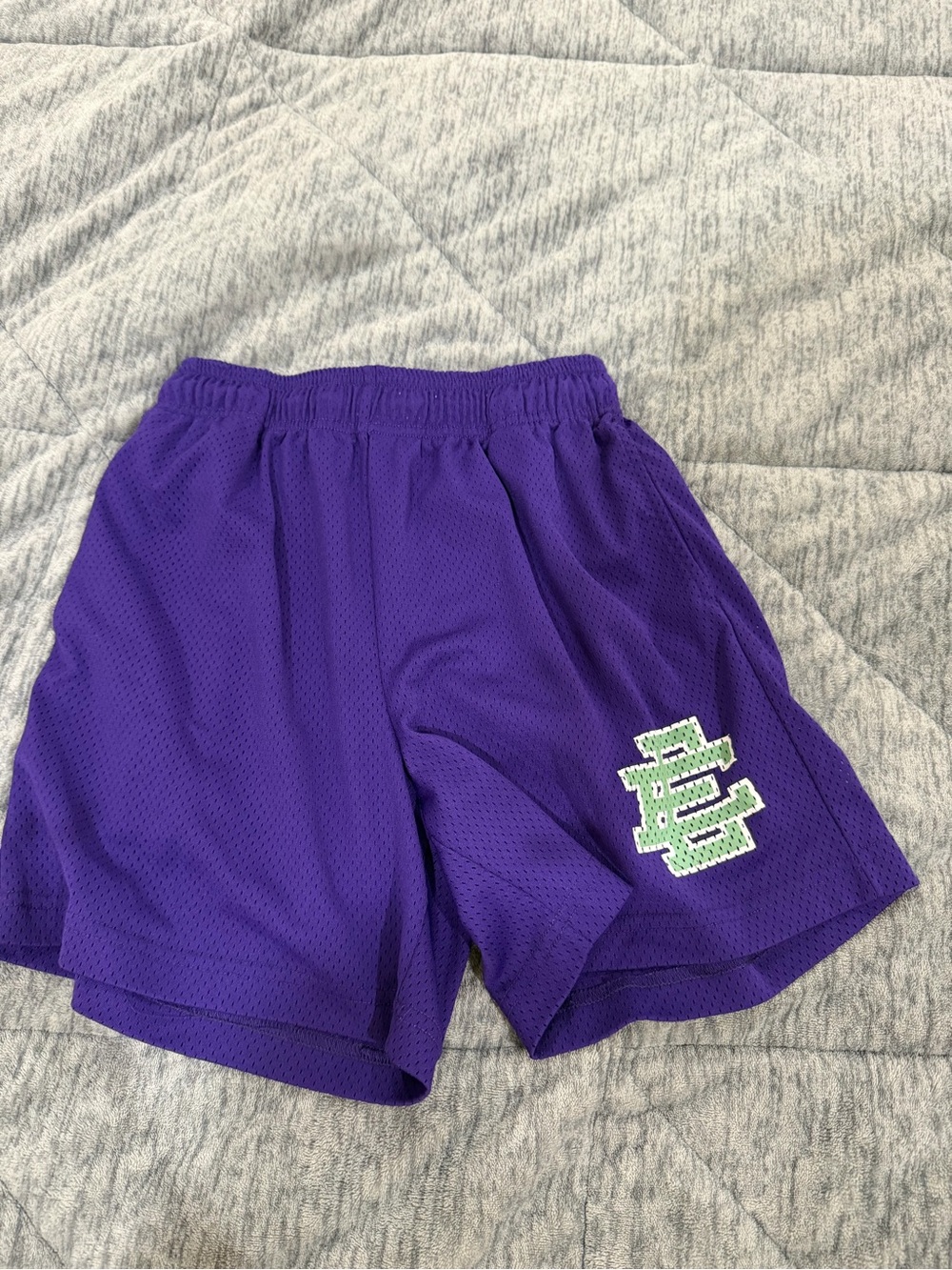 Eric Emmanuel Purple Mesh Athletic Shorts with Green Logo